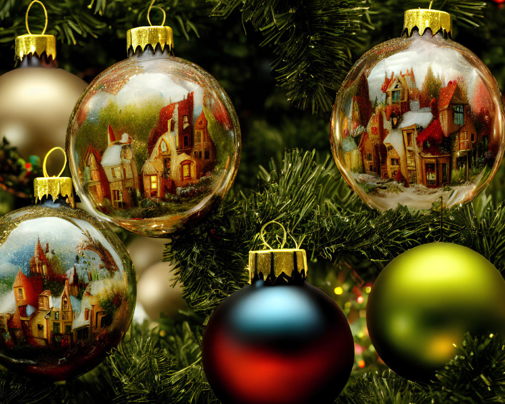 Christmas tree adorned with painted and solid color ornaments.