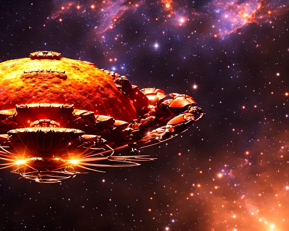 Futuristic structure around lava planet in starry galaxy