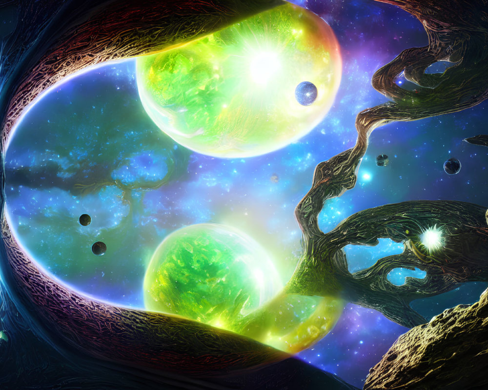 Colorful cosmic scene with green nebulae, celestial bodies, asteroids, and surreal tree-like structure