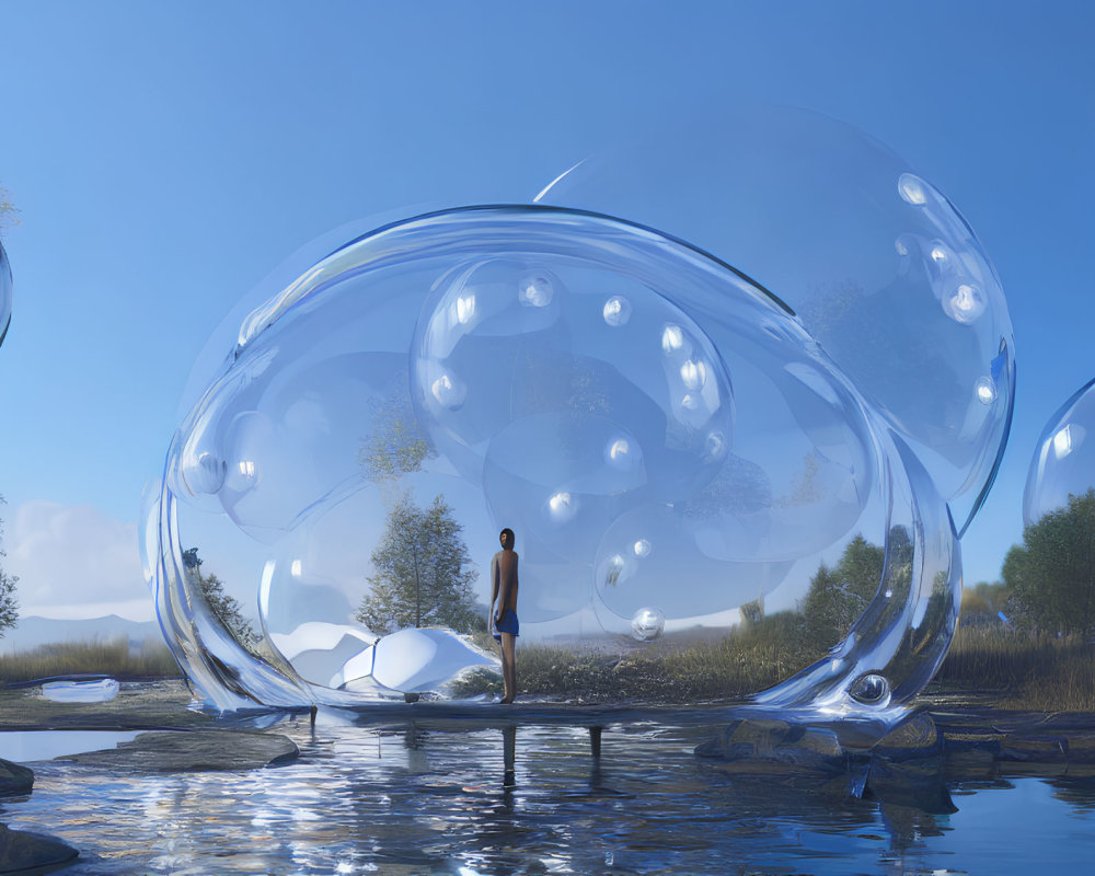 Person admiring giant transparent bubbles on wooden jetty by serene lake