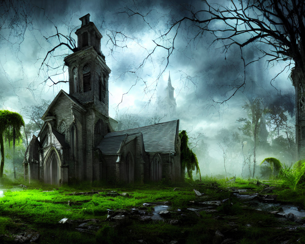 Abandoned church in misty, overgrown setting