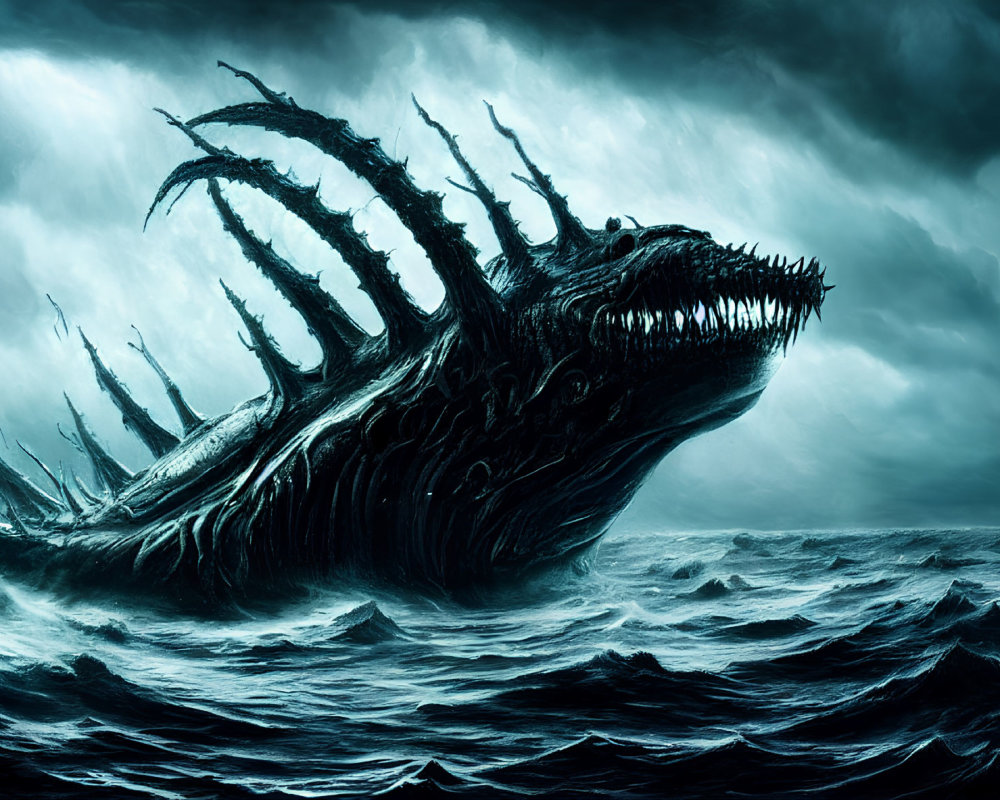 Monstrous sea creature with spikes and teeth in stormy ocean waves