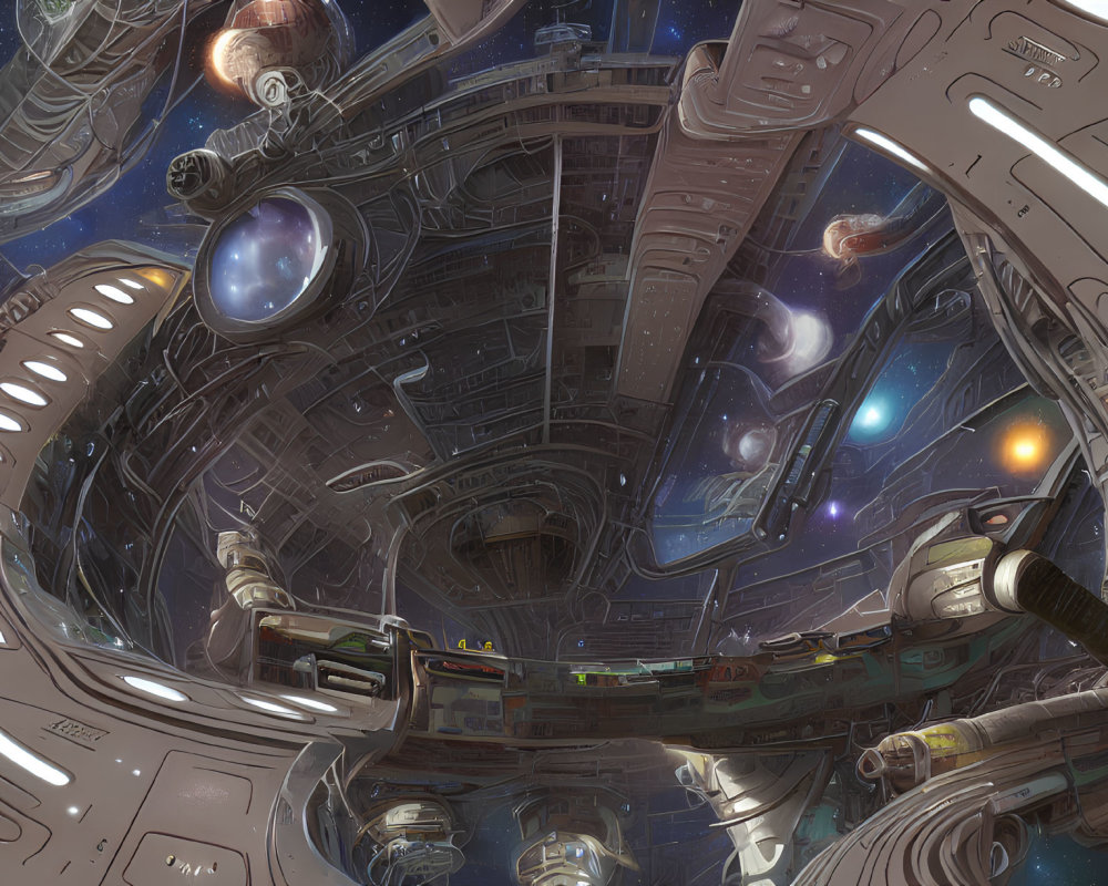 Detailed Sci-Fi Space Station Interior with Futuristic Spacecraft in Vast Universe