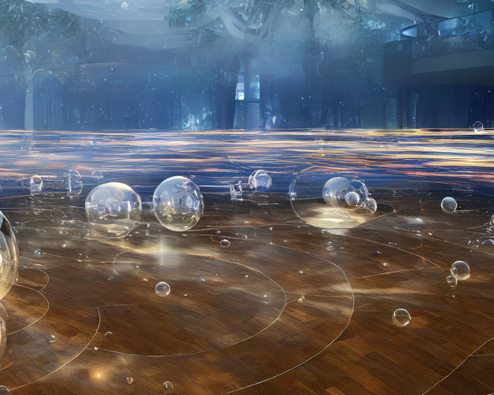 Translucent Spheres on Wooden Floor with Glowing Light Trails