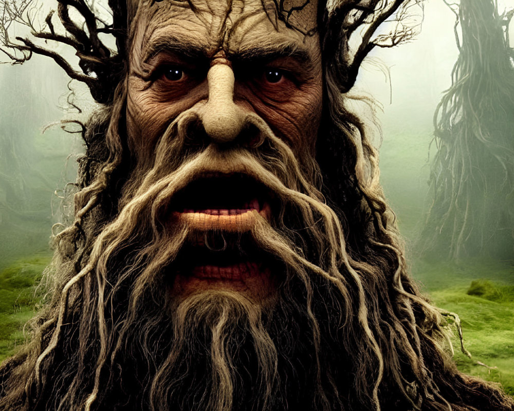 Tree-like creature with human face, intricate bark texture, and dense foliage in misty forest