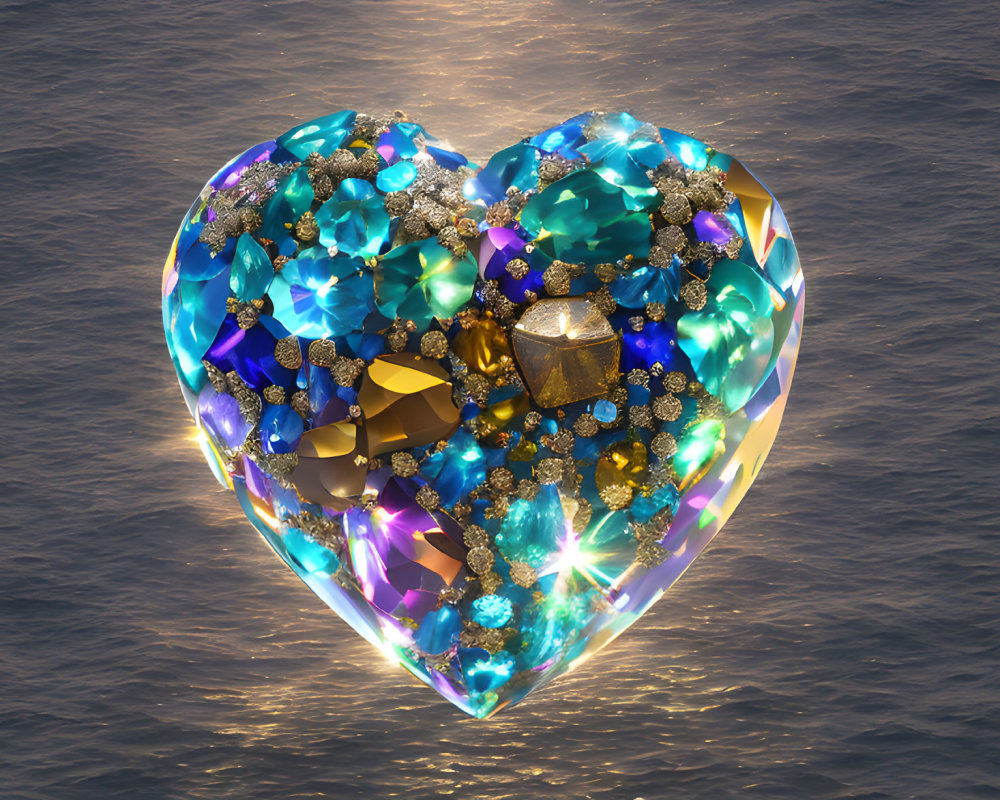 Heart-Shaped Gem Collection Above Glimmering Water