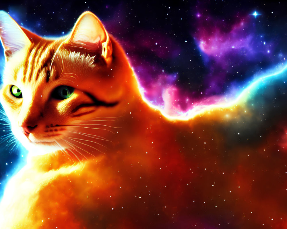 Majestic cat with galaxy-themed fur in cosmic setting