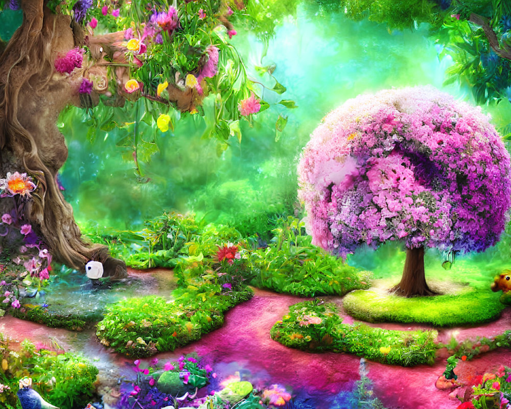 Lush pink tree in vibrant whimsical garden with rabbit and duckling