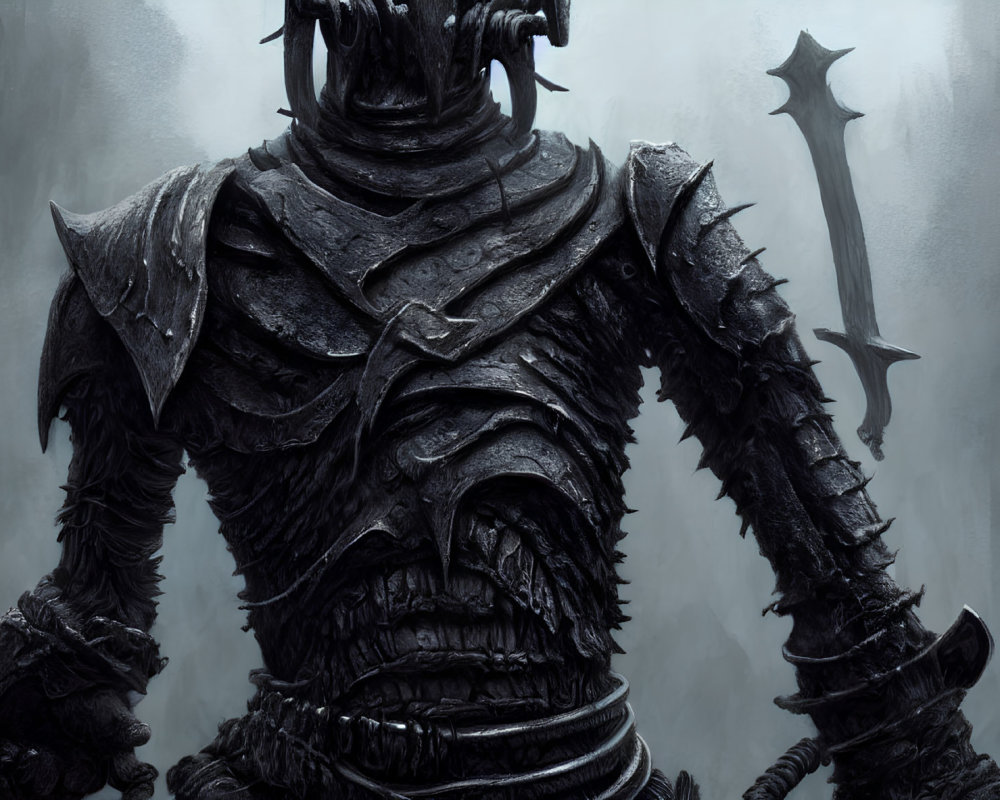 Dark Intricately Detailed Armored Figure with Spiked Mace