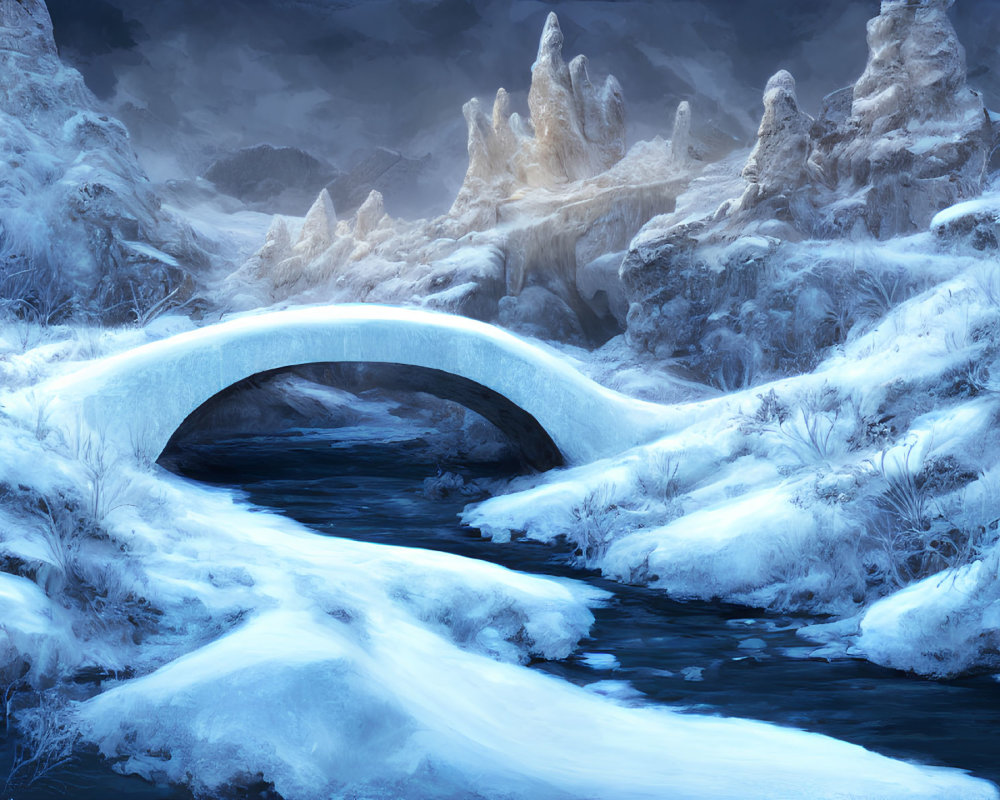 Snowy Landscape with Stone Bridge Over River and Frost-Covered Trees