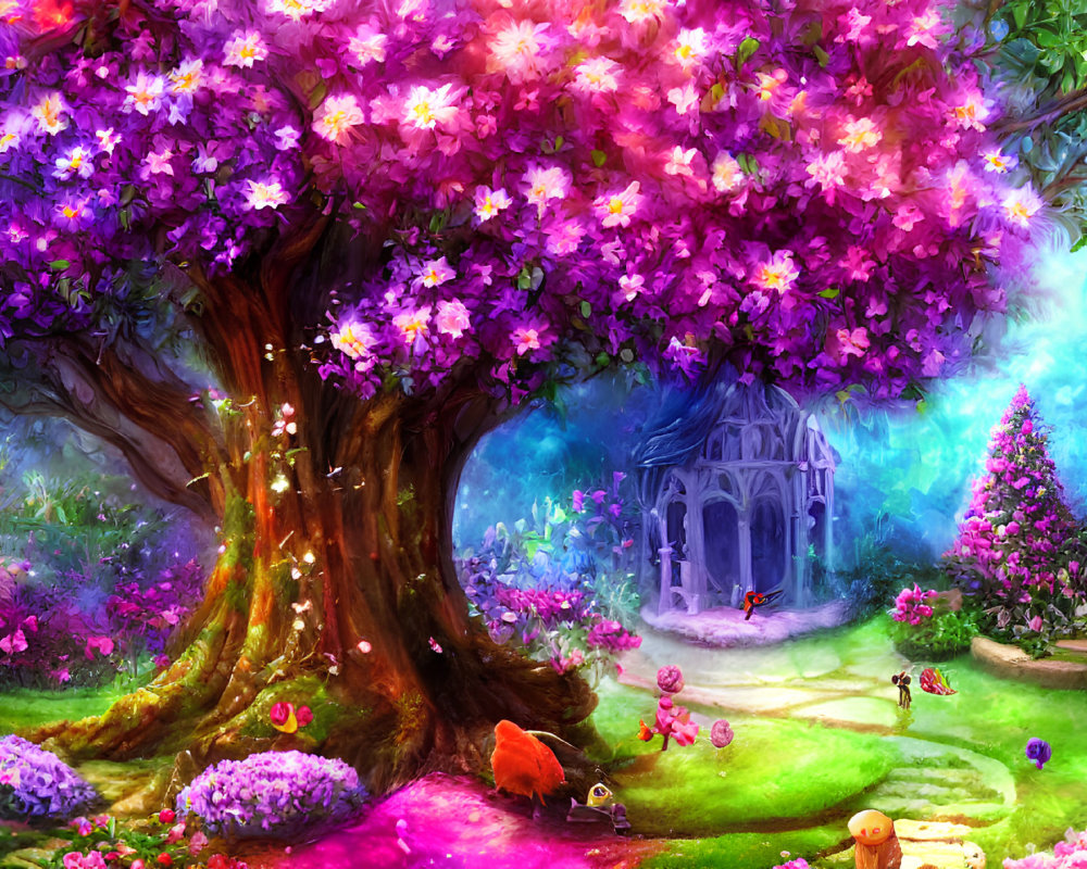 Colorful fantasy garden with blooming tree, gazebo, flowers, and creatures under luminescent