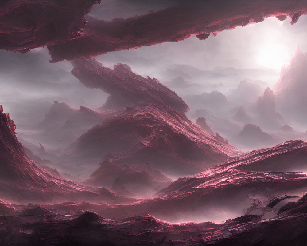 Alien landscape with crimson mountains and white sun