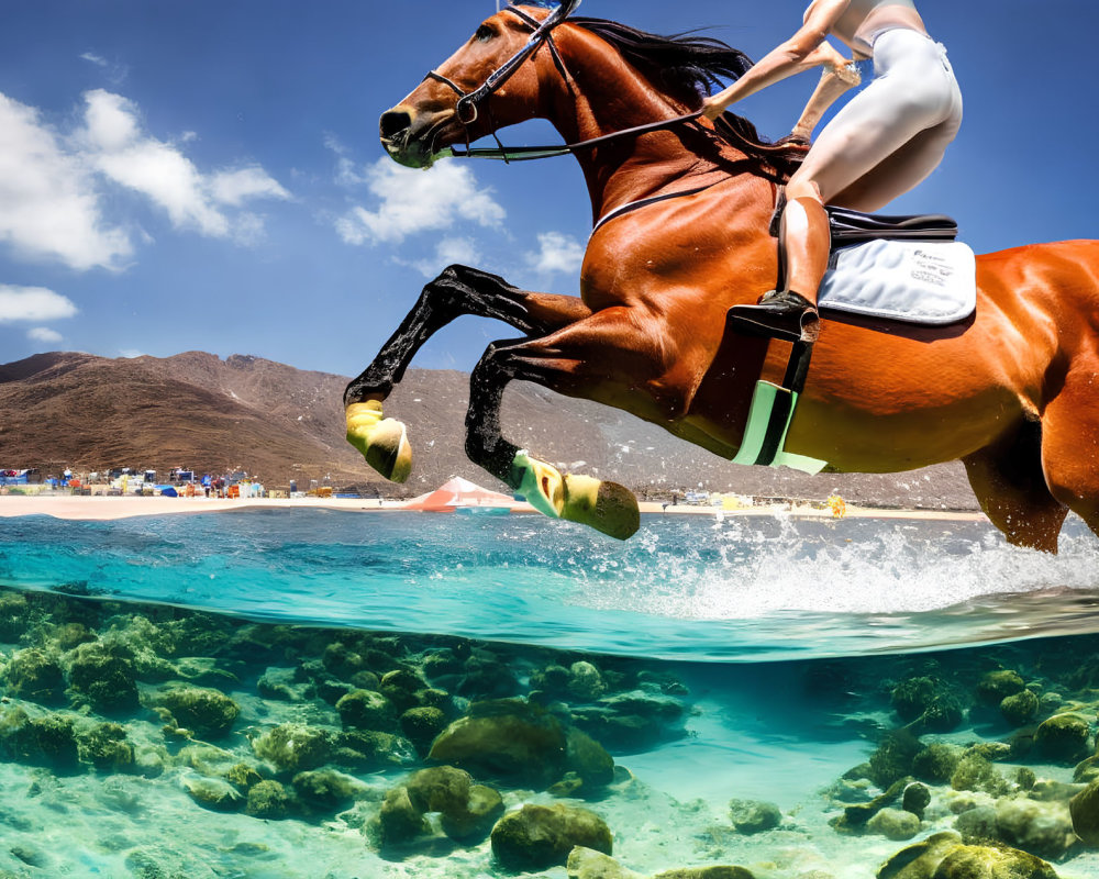 Horse and rider galloping in shallow water with marine life and beachfront scenery