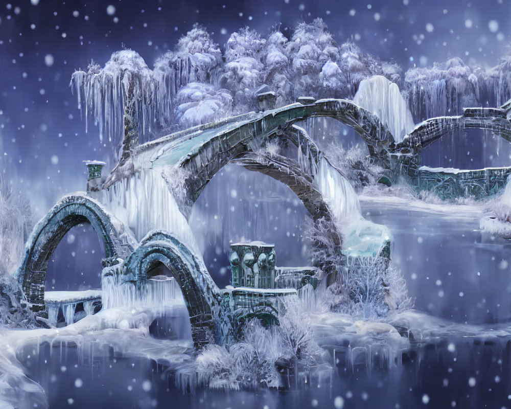 Frozen river with stone bridges in winter snowfall