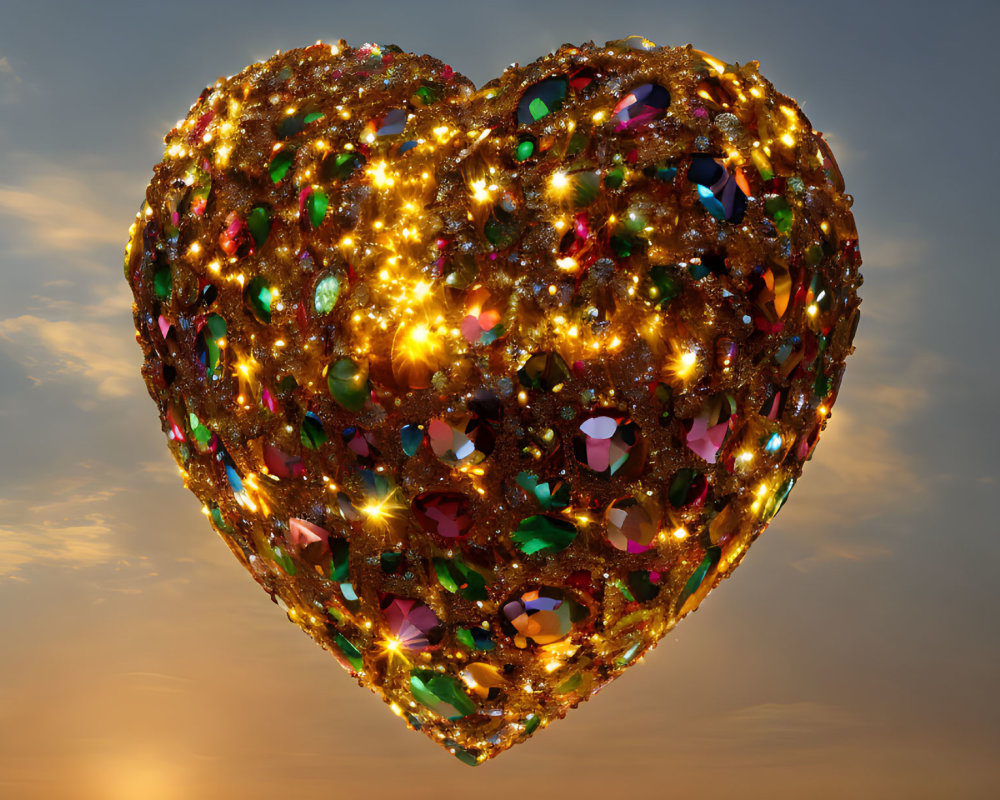 Heart-shaped object with multicolored gemstones under sunset sky