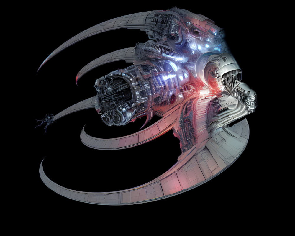 Futuristic spaceship digital artwork with curved structures and glowing lights