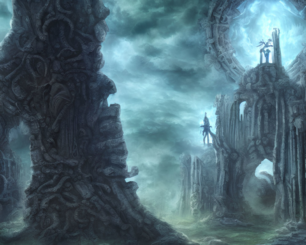 Mystical fantasy landscape with ruins, glowing orb, cloaked figure, and stormy sky