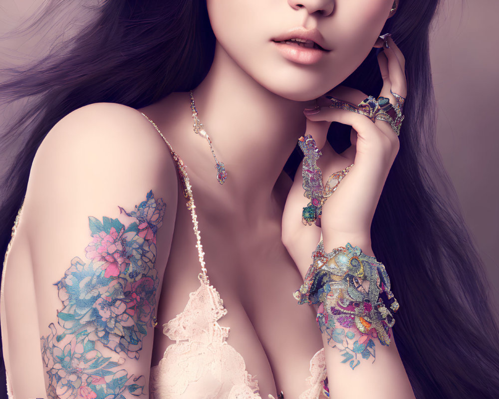 Elegant woman with floral tattoos and jewelry in white attire