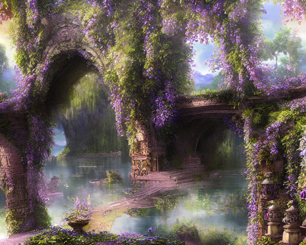 Tranquil landscape with stone bridge, wisteria, and lake