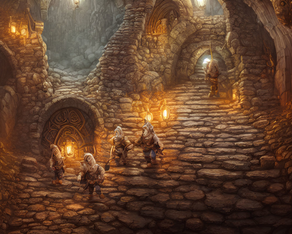 Ancient Underground Halls with Dwarven Warriors and Stone Arches