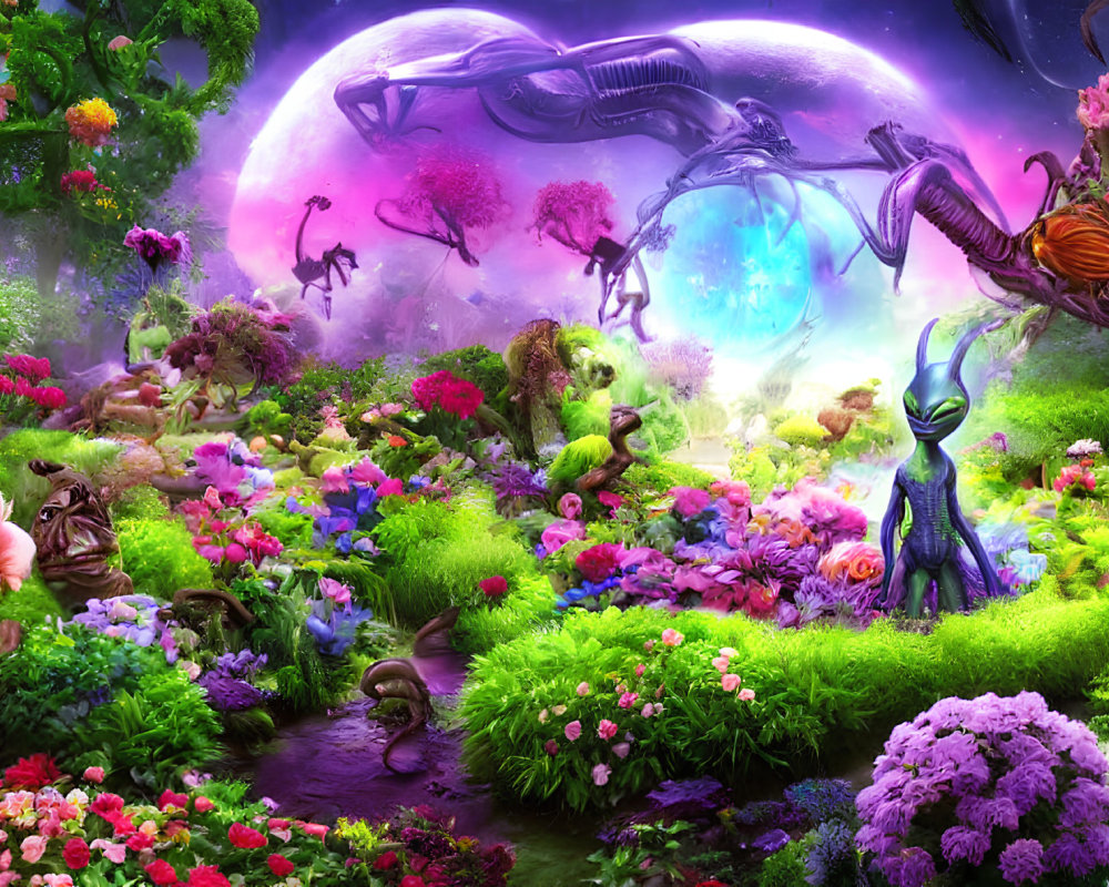 Fantasy garden with moon, creatures, and wildlife under starlit sky