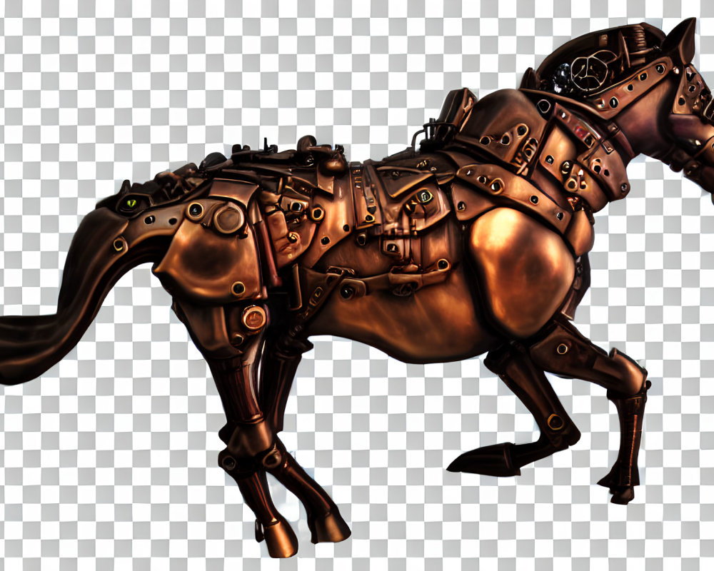 3D-rendered mechanical horse with bronze plating and gears on transparent background