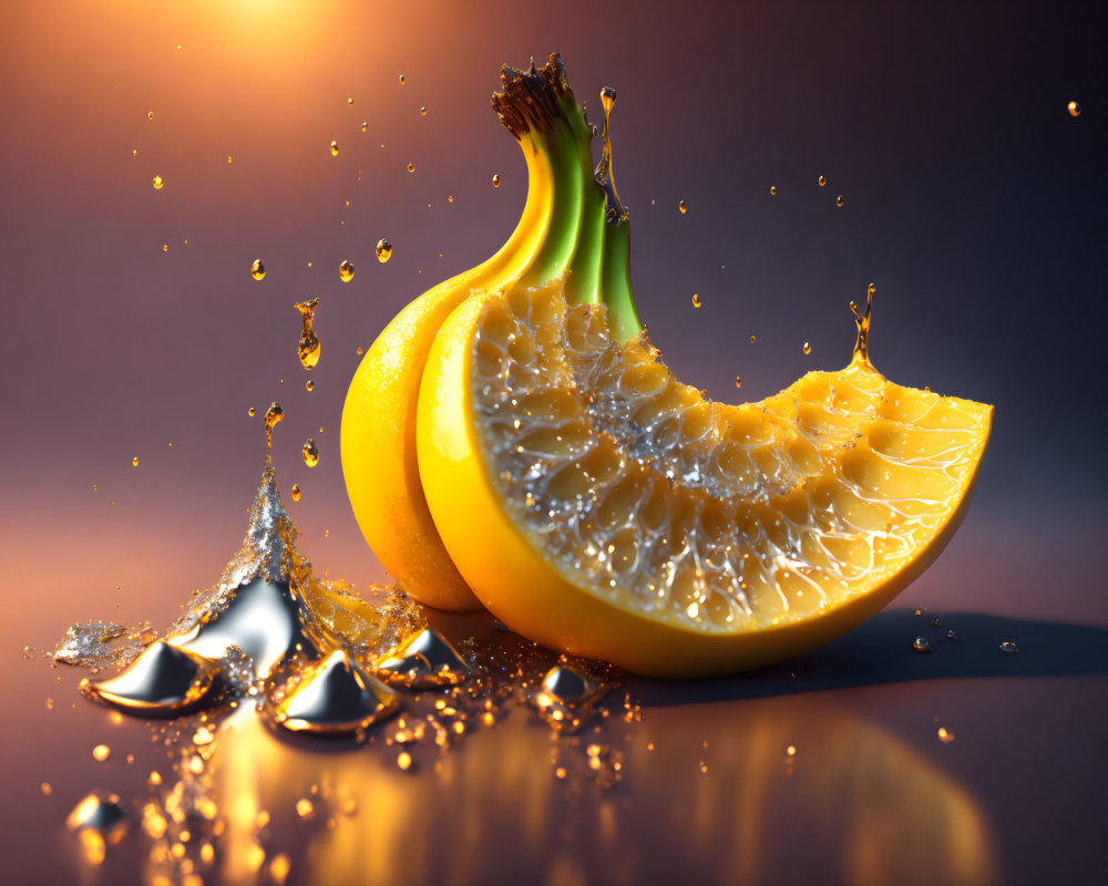 Colorful cross-section of juicy orange with splashing droplets on warm backdrop.