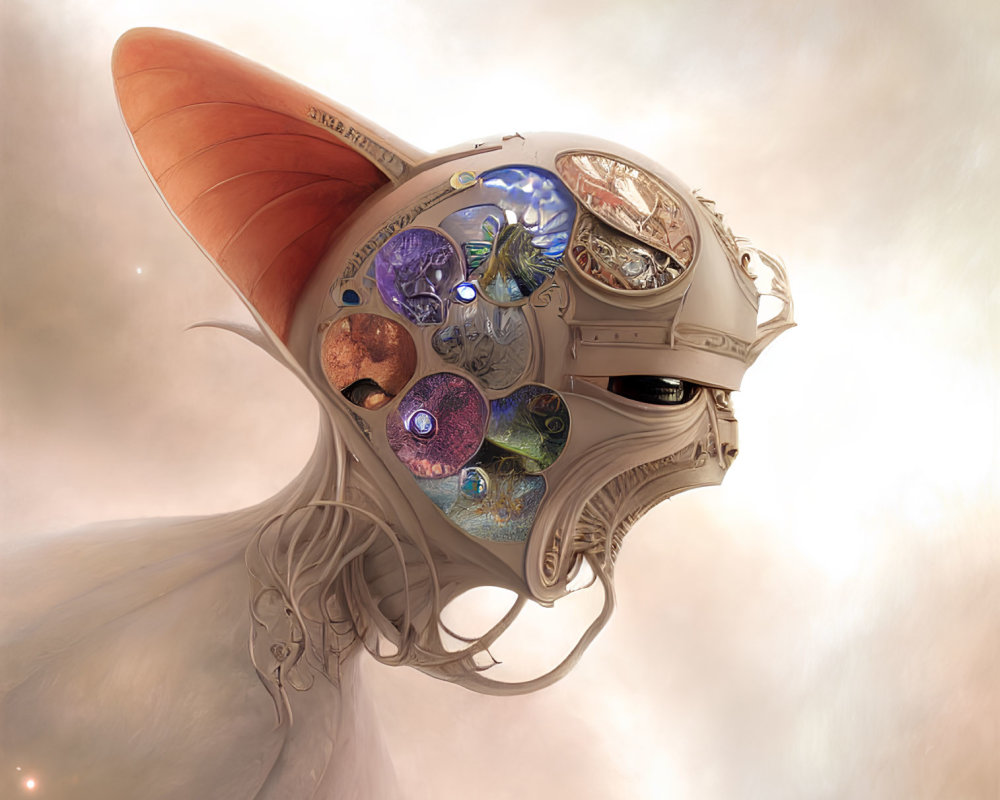 Surreal mechanical head with clockwork elements and cosmic backdrop