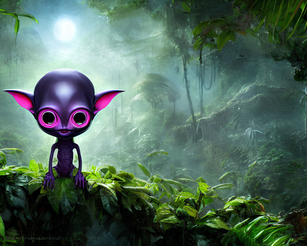 Purple-eyed creature in lush green jungle under moonlight