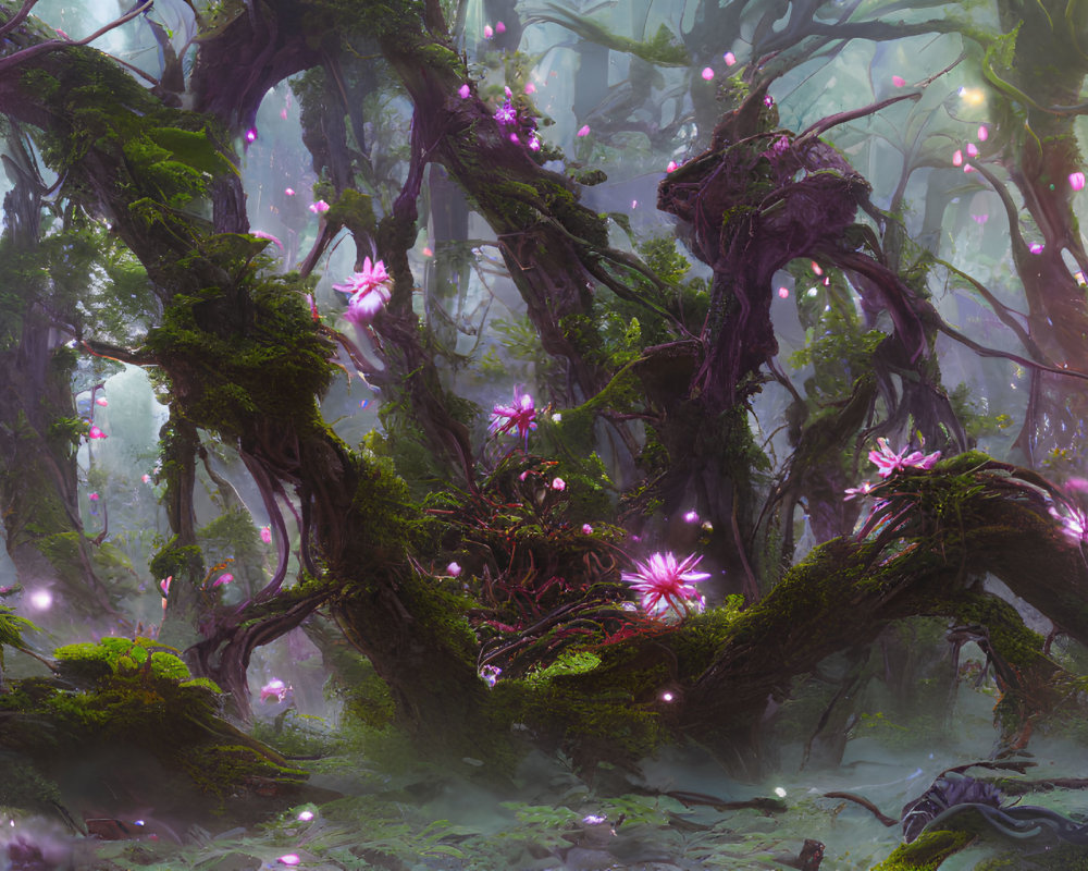 Twisted moss-covered trees in enchanted forest with glowing pink flowers