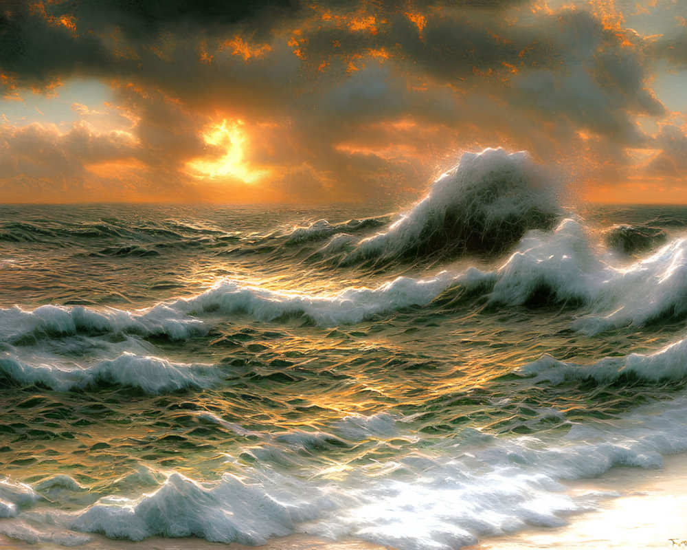 Golden sunrise over ocean waves with cresting wave spray