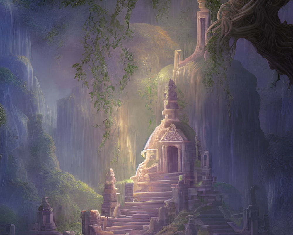 Ancient temple on stone steps in lush, mystical setting