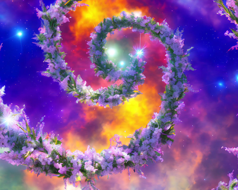 Cosmic background with swirling galaxies and cherry blossoms