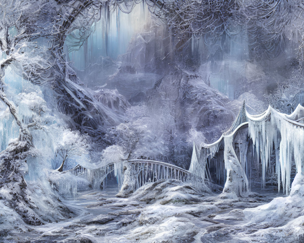 Frozen bridge in snowy, icy landscape with mystical blue glow