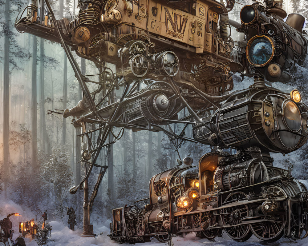 Steampunk snow forest with spider train locomotive & eerie lighting