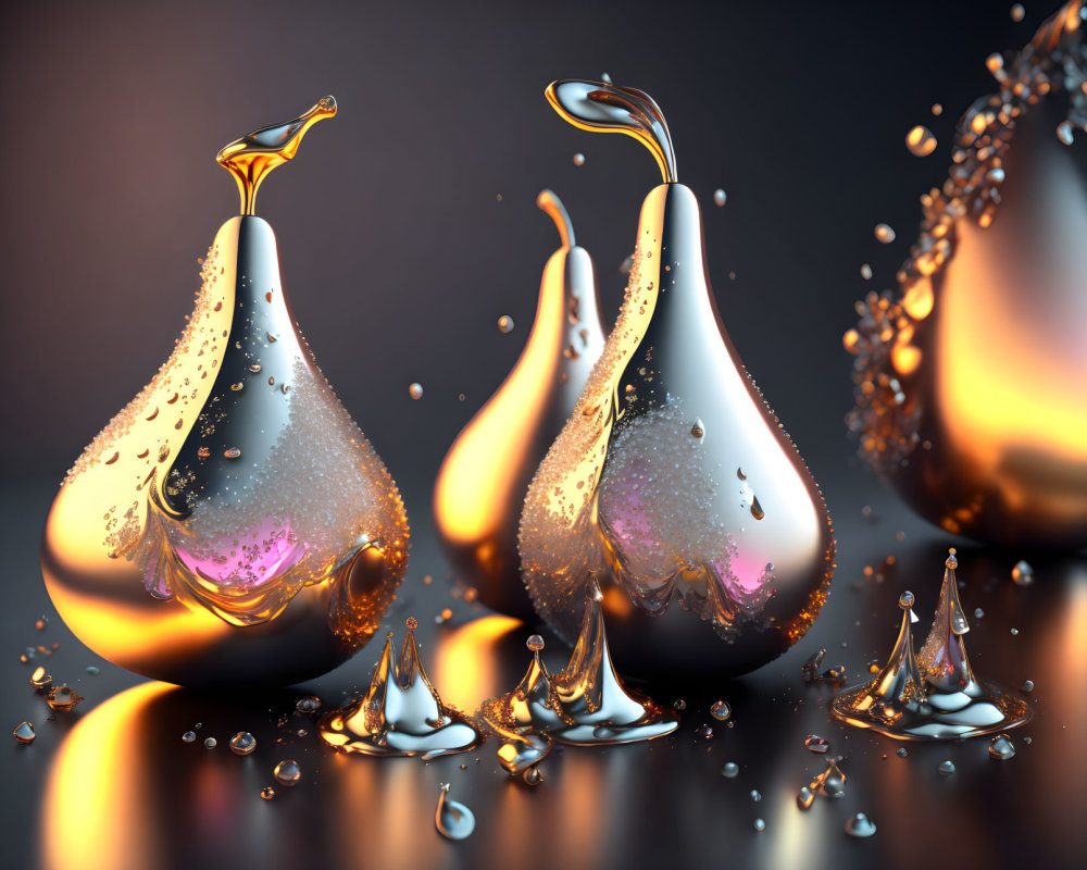 Shiny pear-shaped golden droplets with bubbles on reflective surface