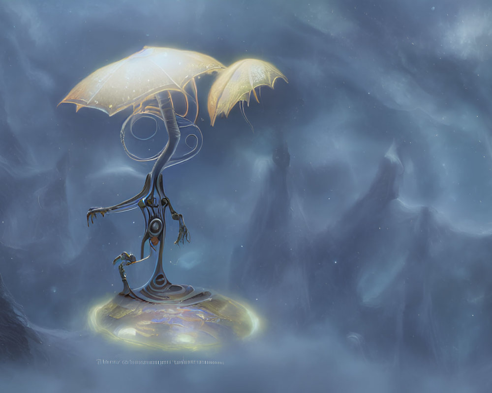 Stylized robotic figure with umbrella in misty blue landscape