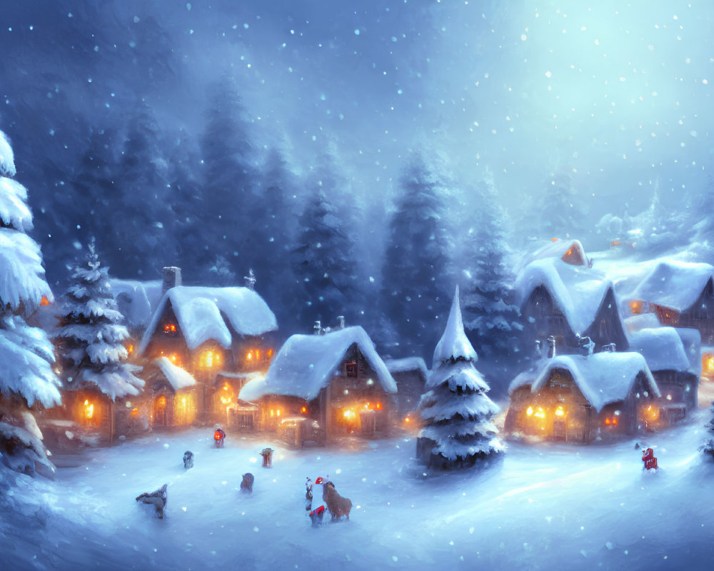 Snow-covered winter village scene at twilight with glowing windows and falling snowflakes