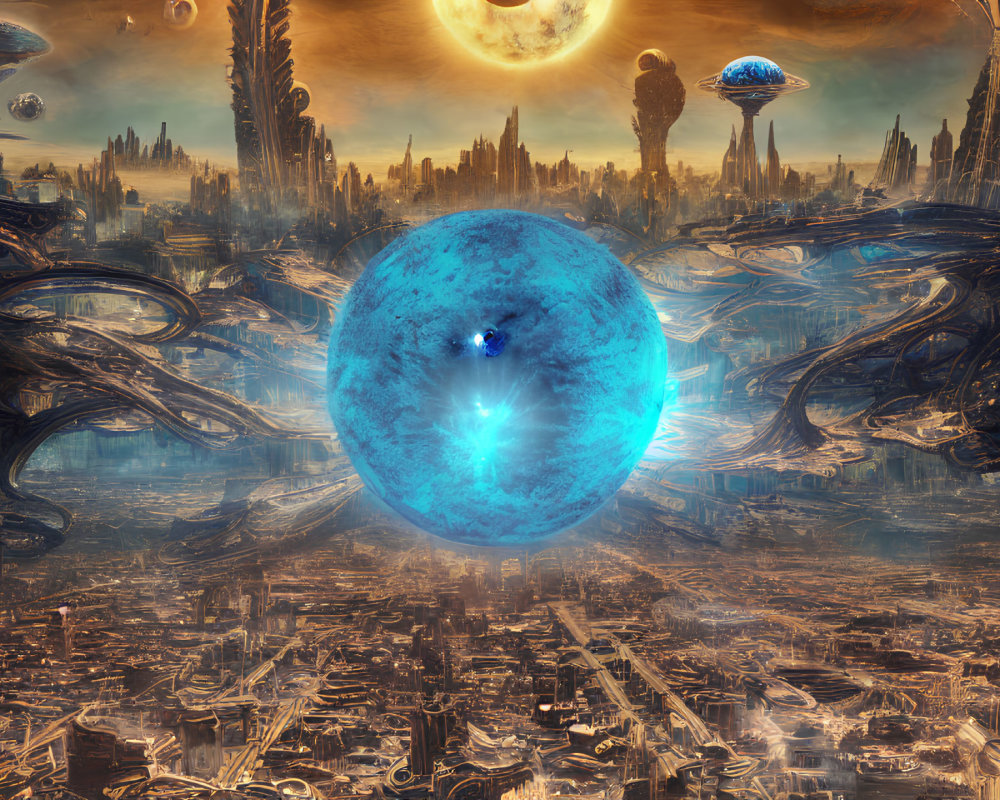 Futuristic surreal cityscape with glowing blue orb and floating shapes