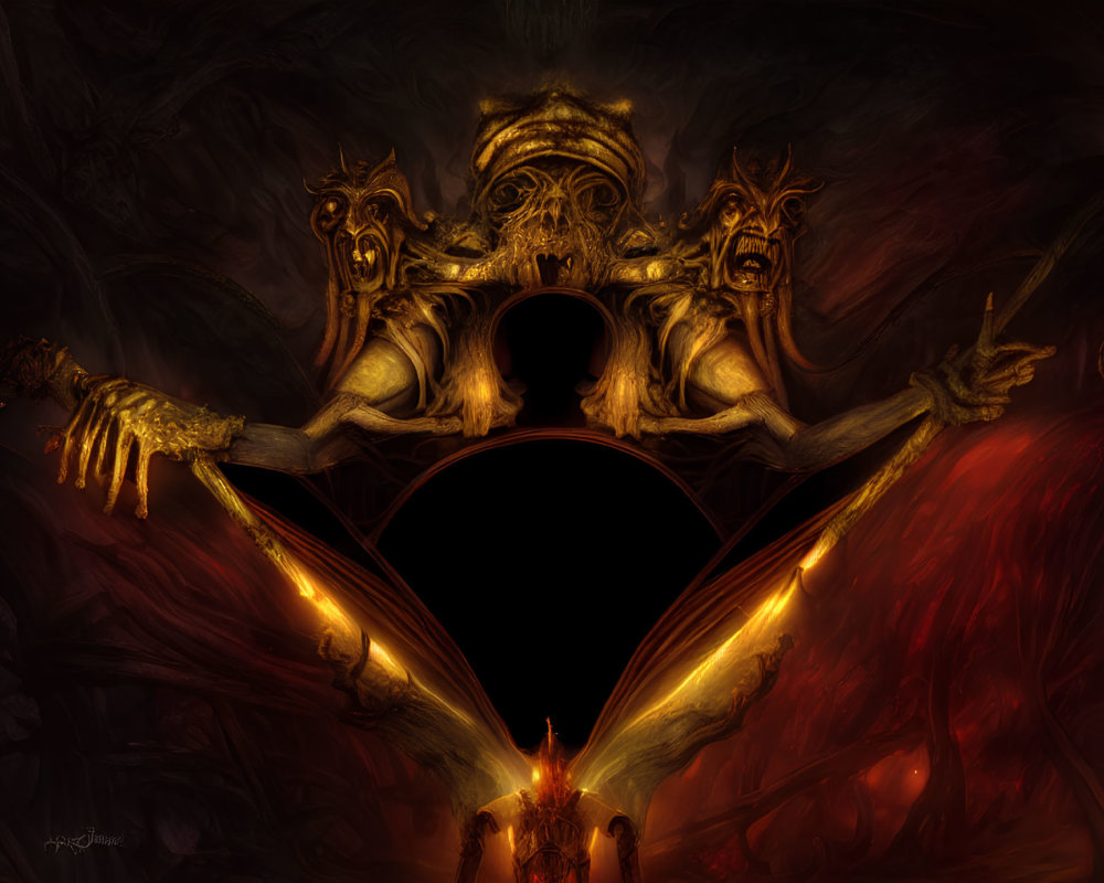 Dark fantasy illustration of a demonic altar with ghostly faces, gold accents, red lighting, and a