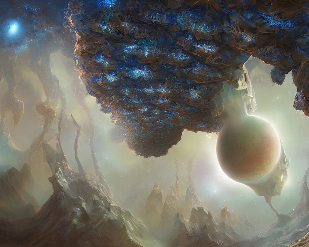 Surreal landscape with floating structures and levitating egg-shaped object under cosmic sky