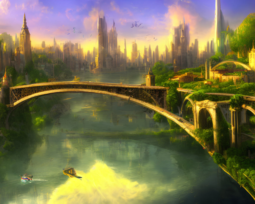 Futuristic cityscape with greenery, stone bridge, flying vehicles, and sleek skyscrapers