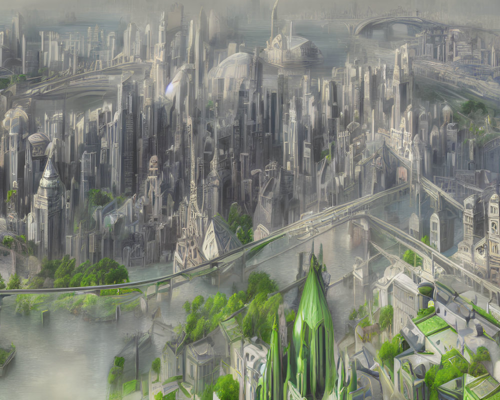 Futuristic cityscape with skyscrapers, bridges, and diverse architecture