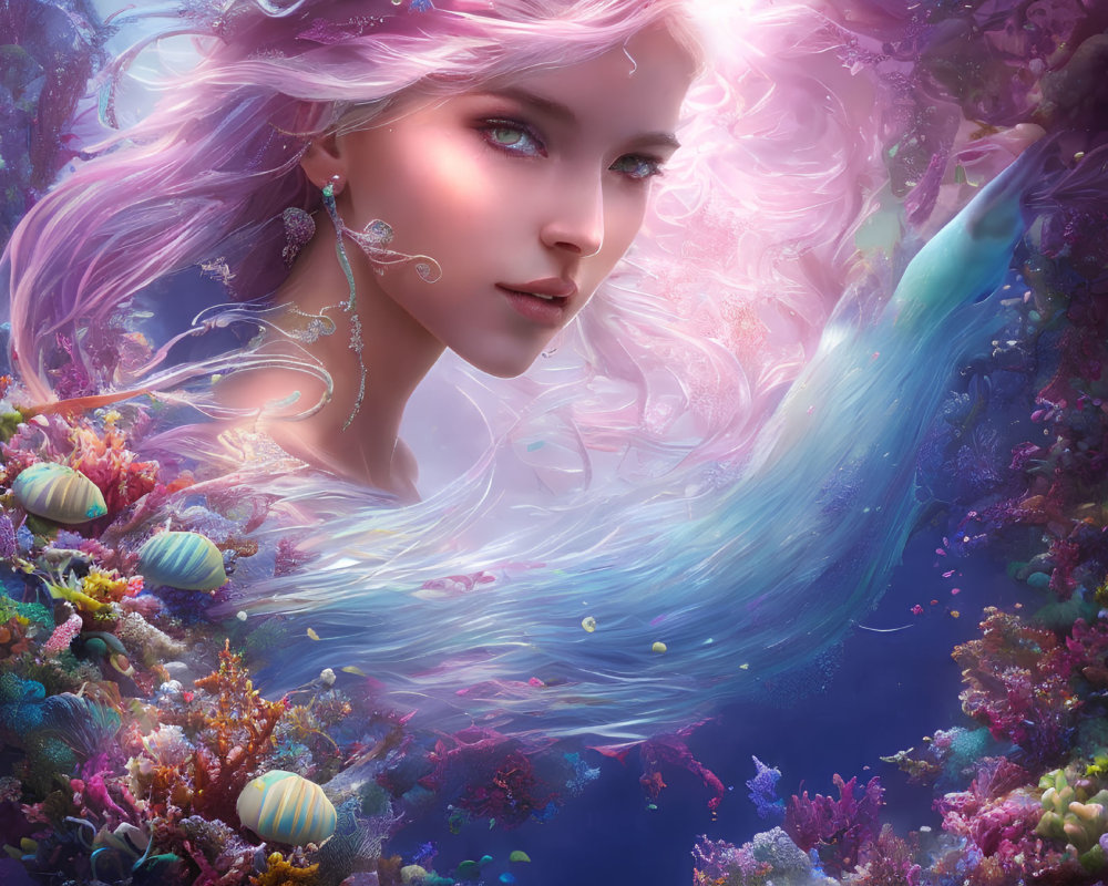 Pink-haired female in underwater scene with corals & fish.