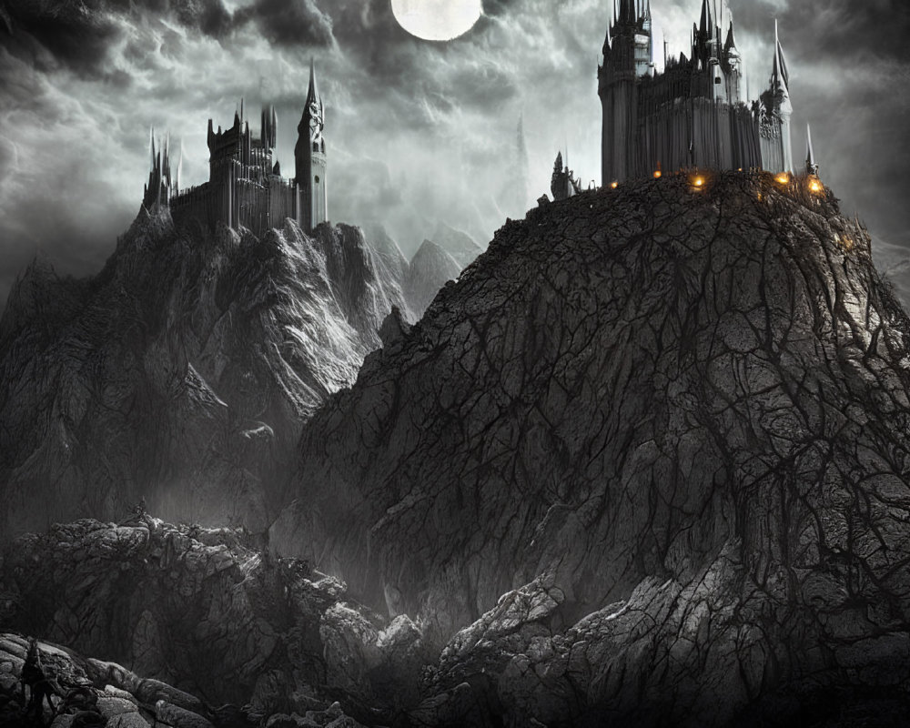 Gothic castle on craggy peak under moonlit sky