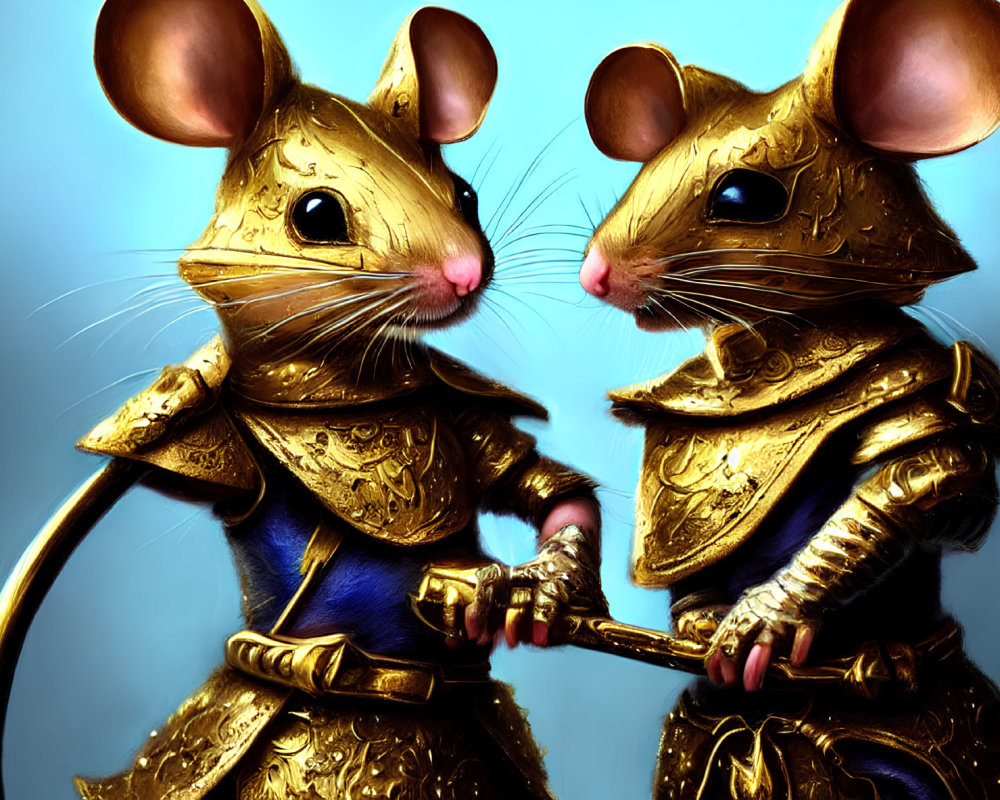 Medieval armor-clad anthropomorphic mice with sword on blue background