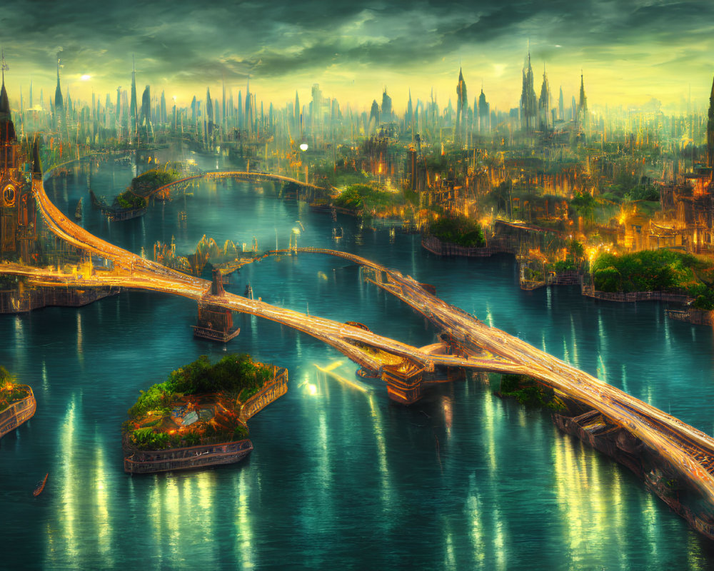 Fantastical cityscape with towering spires and grand bridges over river