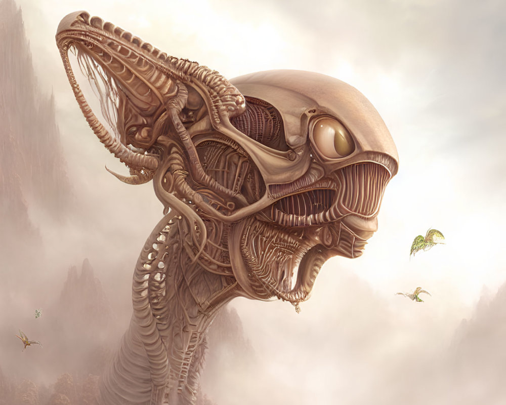 Detailed Alien Xenomorph Head in Biomechanical Landscape with Dragonflies