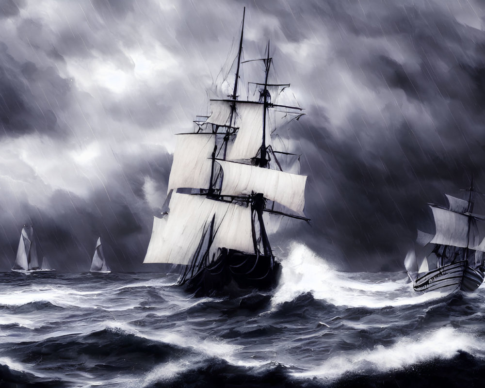 Tall ships with billowing sails on turbulent seas