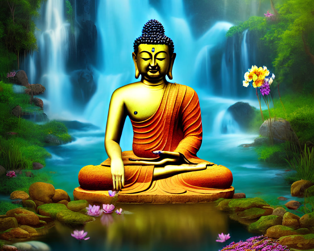 Golden Buddha statue meditating by waterfall in lush greenery